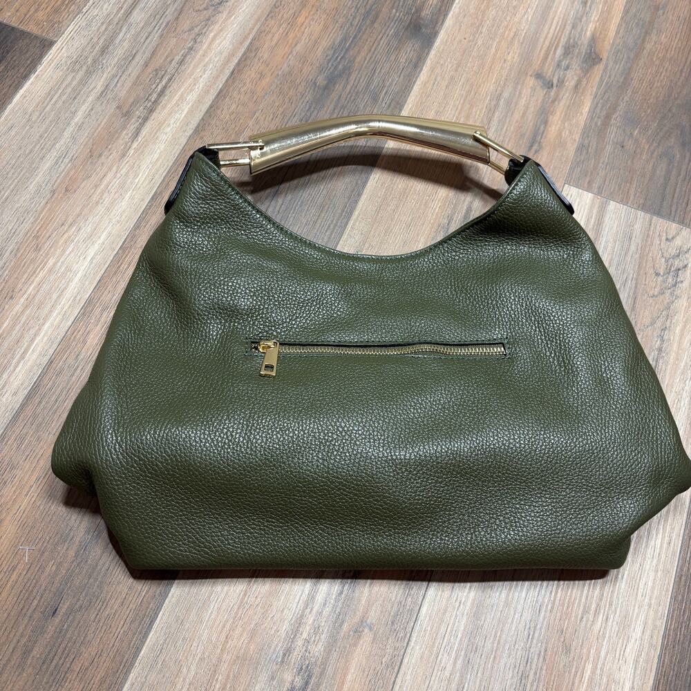 Vera Pelle Gold Top Handle Hobo Bag Army Green Genuine Leather Zip Pocket Italy - Picture 4 of 9